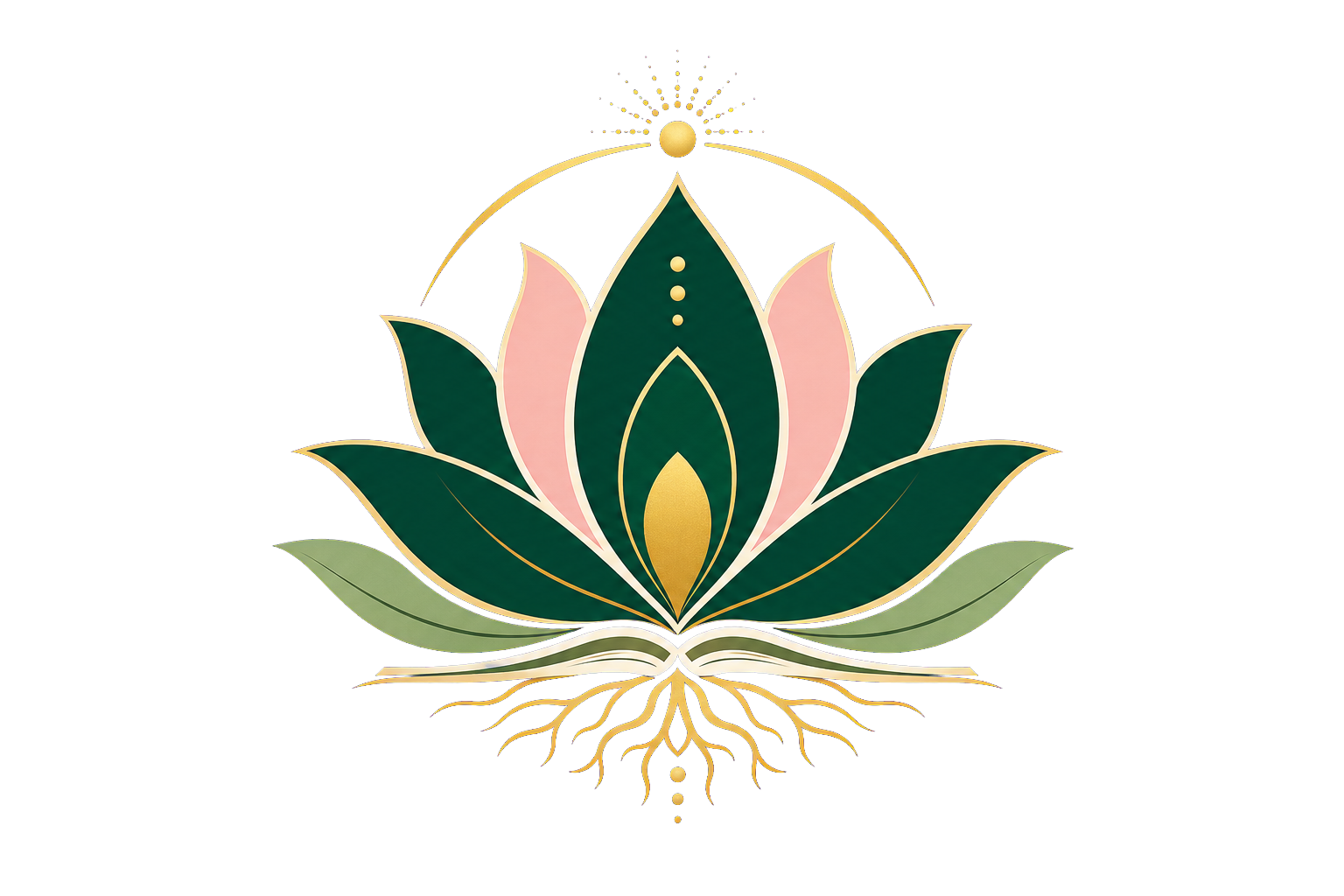 The Rhodes Effect lotus, book, roots, and light emblem